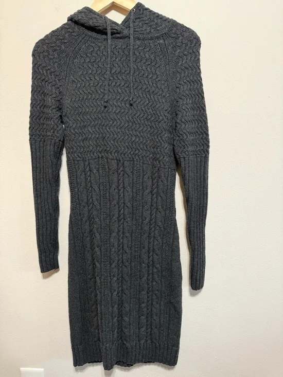 Athleta Coldspell Cable Knit Sweater Dress 100% Merino Wool Hooded Gray - Picture 2 of 8